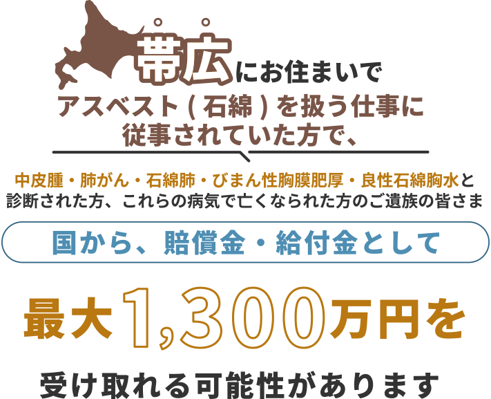 帯広にお住まいで、アスベスト(石綿)を扱う仕事に従事されていた方で中皮腫・肺がん・石綿肺・びまん性胸膜肥厚・良性石綿胸水と診断された方、これらの病気で亡くなられた方のご遺族の皆さま 国から、賠償金・給付金として 最大1,300万円を 受け取れる可能性があります